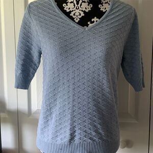 Ella‎ Moss Women's Ribbed V-Neck Pullover Sweater Medium Blue 3/4 Sleeve